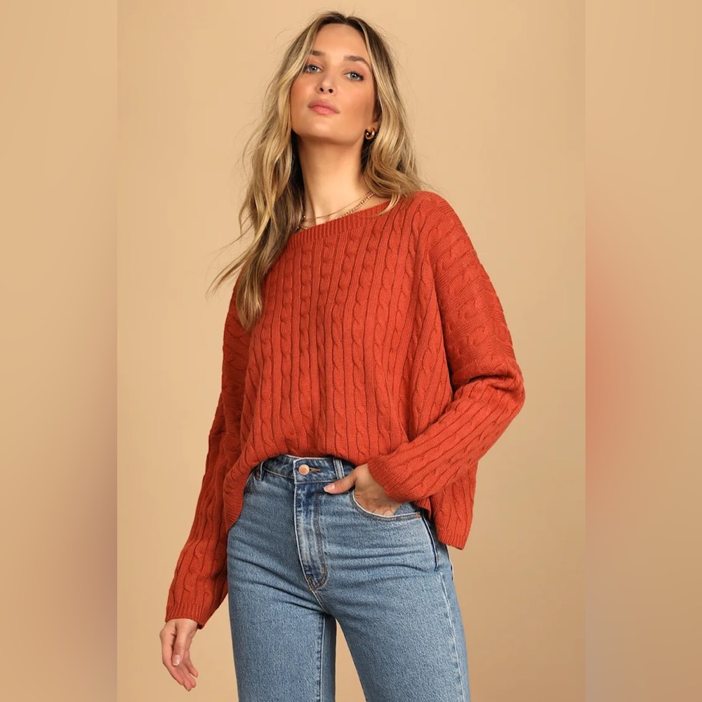 Lulus Crisp Air Rust Orange Cable Knit Oversized Sweater, Small